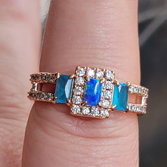 Rose Gold Plated Ring with Simulated Opal and Blue Stones - Size 9 - Picture 9 of 11